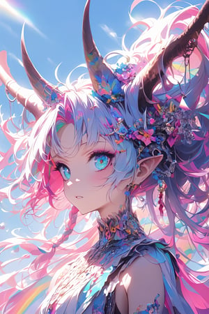 ultra Realistict, demon girl, (Complex Longhorn: 1.2) ,crazy alternate hairstyle, amazingly intricately (dreadlocks) hair,colorful color hair, each braid painstakingly created,decorated with delicate accessories and beads,aesthetic,Beautiful Blue eyes, ,Rainbow haired girl ,bj_Devil_angel,dal-1