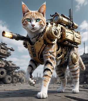 Extreme detailed, ultra Realistic, futuristic, A cat with a high-tech Gatling gun on its back, Solo, 1cat, large Gatling gun, fire, high-tech cybernetics cat,((four legs)), ULTRA Real, Realistic cat, military, monster, ,mecha,aw0k cat