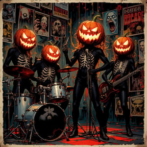 A dark horror-themed illustration of a four-piece band performing,
The musicians wear black bodysuits with a white skeleton print. The members' heads are replaced with carved jack-o'-lantern pumpkins that glow eerily from the inside,
The drummer is playing hard on a silver drum kit on a raised platform,
The guitarist plays an electric guitar and the bassist plays a vintage bass. The lead singer in the center leans on a microphone stand,
In the background, vintage horror movie posters are pasted on top of each other in a chaotic collage. The posters feature classic monsters, screaming faces and bold typography,
The messy posters,
Low-angle view, captures an intense performance in a dynamic pose,
The orange glow of the pumpkins contrasts with the dark shadows and muted poster colors. Occasional red accents are used for emphasis,
A grunge-esque textured art style with sharp, inky lines and rough shading. Halloween themed details: bats, spider webs in the corners, ,aidmaabdhr,