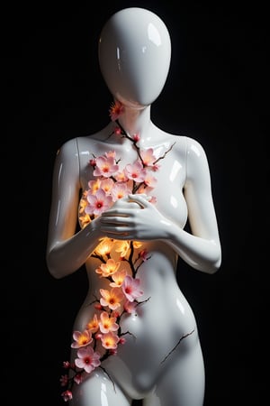 A pure white porcelain mannequin, with parts of its form transforming into delicate cherry blossoms, the smooth matte white surface of the ceramic, dissolving into hundreds of tiny glowing cherry blossoms within the diagonal cracks that run across the torso, each flower intricately painted with translucent petals, catching the warm light. The flowers appear to emerge from within the figure's form. The fine hair-like cracks in the porcelain surface create an artistic texture. The gentle curves of the feminine form accentuated by the dramatic side light, the mannequin is in a graceful contrapposto pose, hands gracefully placed on her chest. The dark background creates a dramatic contrast with the white figure, ultra-high resolution capture showing the detailed texture transition between the smooth porcelain and the delicate flowers, a faceless mannequin,faceless mannequin