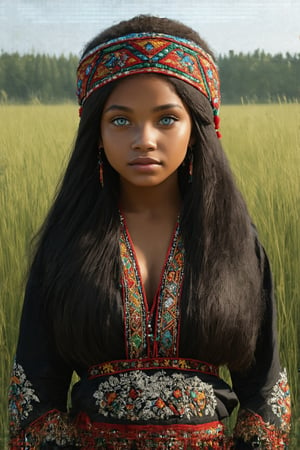 Super detailed, super realistic,beautiful african girl,Curvy body,
She wears old folk costume, long straight black hair,
colorful maria-veil on head,Yakuts folk costume of Siberian minority, beautiful crystal blue eyes, almond eyes, Slouching position, cleavage,intricate textile decorated with colorful and intricate geometric patterns,  decorative embroidery, clothes in earth colors such as black, red and green,beautiful reed meadow landscape,photo realistic 