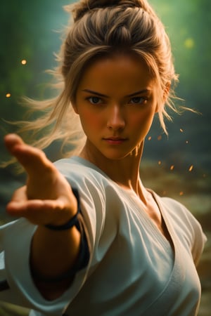 A dedicated kung fu master engages in rigorous training, surrounded by serene landscapes that reflect the essence of ancient martial arts. This skilled practitioner, a striking Nordic woman, embodies strength and elegance in her movements. Her disciplined practice aims to attain profound martial wisdom and mastery of powerful techniques. The scene captures the fusion of martial arts discipline and the beauty of a Northern European backdrop, symbolizing the harmony between strength and grace.,action shot