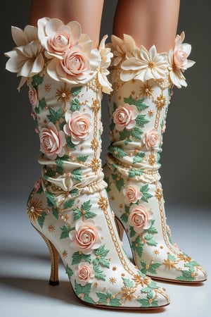 elegant Victorian-style high heel boots adorned with intricate decorations in soft pastel colors. The boots feature handcrafted pale pink silk roses cascading from the top to ankle, complemented by mint green lace embroidery throughout. Delicate pearl strands and beaded embellishments create graceful swirling patterns across the surface. The boots rise to mid-calf height with ruffled silk trim at the top edge, decorated with vintage-style lace and more miniature roses. The heels are adorned with pearl chains and metallic gold filigree work. The base fabric is ivory silk with subtle shimmer, overlaid with intricate embroidery patterns in mint green and rose gold threads. Each rose is perfectly crafted with layers of silk petals in soft peach tones. Crystal beads and tiny pearls are sewn throughout the design, catching light at every angle,Made of adrr-zllj