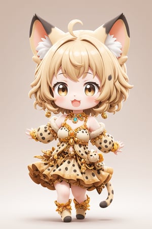 kawaii cute, personified serval cat girl, embodying the grace, curiosity, and independence of her feline counterpart. With soft, spotted fur and expressive eyes, she captivates with her playful charm and alertness. Adorned in a whimsical ensemble inspired by the African savannah, she exudes a blend of wild beauty and human-like personality,catgirl,chibi,sticker