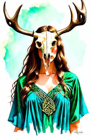 A shaman girl, with a large moose skull on her face, The strange decoration of dead branches, the mysterious and brightly colored Celtic shaman costume, and the girl is surrounded by a mysterious aura.,extremely detailed,watercolor \(medium\)