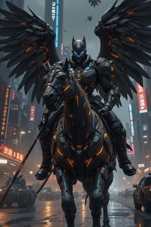 Cyberpunk-style knight on a cyborg horse, digital art. Sleek black cyber-suit with glowing neon blue accents. Imposing black helmet with tinted visor, displaying holographic HUD. Mechanical wings on the back, folded, made of black carbon fiber with exposed circuitry. The cyborg horse is a fusion of organic and mechanical parts, with visible hydraulics and armor plating. Neon lights trace the horse's muscular structure. The knight wields an energy lance, crackling with electricity. Urban night backdrop with towering skyscrapers and flying vehicles. Rain-slicked streets reflect neon signs. Atmosphere is gritty and high-tech. Hyperdetailed textures on the armor and horse's cybernetic parts. Color palette dominated by blacks, silvers, and electric blues. Dynamic pose, suggesting movement and power. Lighting emphasizes the contrast between shadow and neon glow.,Angelic Knight,F-GVA Armour Suit,real robot