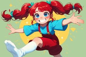 1 little girl,9yo,Pippi Långstrump,Adorable energetic and adorable girl,bright red hair tied in pigtails, A face full of freckles, sparkling blue eyes, a big smile, an oversized blue shirt hanging loosely, long socks with suspenders of different colors on each side, and an energetic pose,The sunlit background suggests a carefree summer day,
Vibrant color palette. Expressive manga style with detailed textures