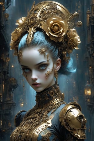 1girl,cyber eyes, hair that glows blue,soft expression
,A girl in a cyber-gothic Lolita outfit, donning an elaborate metallic gold attire, poses in front of a dark, cityscape backdrop. Her dress, adorned with futuristic patterns, ruffles, and intricate lace details, shines like polished armor under dim, blue-ish lighting. Gold-plated lace gloves, choker, and knee-high boots complement her ensemble, exuding a mix of Victorian refinement and high-tech flair. A gold filigree bonnet, complete with mechanical roses, crowns her head, while golden highlights dance across her hair. The overall effect is a striking fusion of elegance and futurism.,FuturEvoLab-lora-mecha,goth person, ct-nijireal
