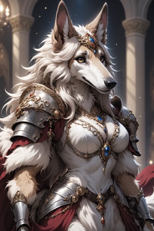 Extreme detailed,
very long White hair beautiful borzoi aristocratic woman,(very long nose:1.7),((Fur skin)),(long eyelashes),wears many ornaments,elegance and beautiful  borzoi Dog,
Wearing luxury Maximilian Armor,large Breast,
l ,aw0k euphoric styleMagical Fantasy style,Qftan,knight,anthro,dal