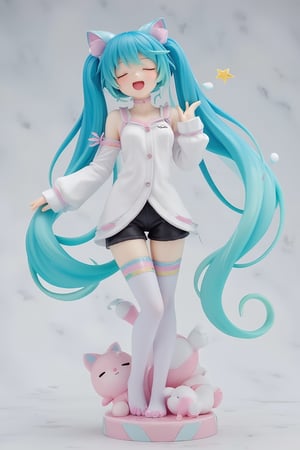 1girl,PVC,Hatsune Miku Resin Figure, poses cutely while yawning loudly. Hatsune Miku has blue-green twin tails with cat-like ears and wears a white long-sleeved shirt with a small Miku logo on the chest. Miku is also wearing black shorts with soft pastel stripes and thigh-high socks,open eyes,
 Her eyes and mouth are slightly open, making her look sleepy. The background has a soft and minimalist atmosphere, giving her an adorable look and a cozy feeling. Masu. Emphasizes a relaxed atmosphere. ,lyh,ATRFX,resin