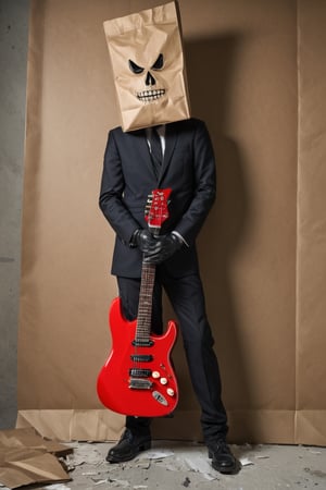 A man with a (paper bag on his head:1.2), an eerie atmosphere, an all-black bodysuit, a bodysuit with human bones drawn on it, a skeletal specimen suit,( red electric guitar in his hand:1.2), black military boots,bag_over_head,
Dirty dressing room background, room covered in kitschy, grotesque posters and graffiti,mystical future
