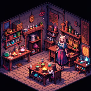 Isometric pixel art ,fantastical alchemist shop, 16-bit style, female anthropomorphic dog shopkeeper, magical potions and ingredients, steaming cauldrons, ancient spell books, crystal balls, glowing runes, floating herbs, colorful liquids in glass vials, wooden shelves filled with curiosities, enchanted artifacts, medieval fantasy setting, warm candlelight, cobblestone floor, cluttered workbench, magical symbols etched on walls, bubbling experiments, mystical smoke effects, cute pixelated characters, vibrant color palette, retro game aesthetic, detailed micro scenes, alchemy apparatus, mortar and pestle, star charts, dragon eggs, fairy dust jars, magical wands, quirky fantasy elements, cozy shop interior, charming pixel details, depth through dither shading, isometric perspective grid, clean pixel edges, no anti-aliasing,Pixel Art