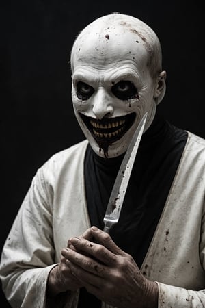 Necrobutcher, presence of fear, butcher of hell, holding a square knife in his hand with an eerie expression on his face, body without skin, protruding eyeballs.An eerie white leather mask covers his mouth.