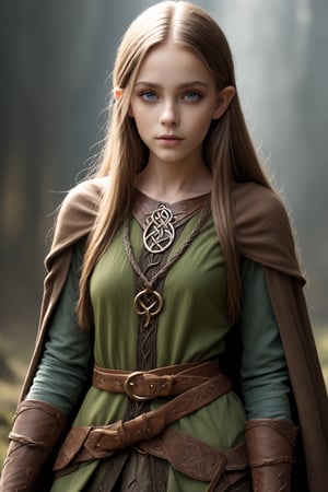 1 girl,elf traveler, combines rugged practicality with elfin elegance in attire inspired by medieval Nordic fashion, wearing Celtic-inspired garments, cowboy chaps, thigh-highs, tunics and cloaks, and an air of elegance.,Young Girl