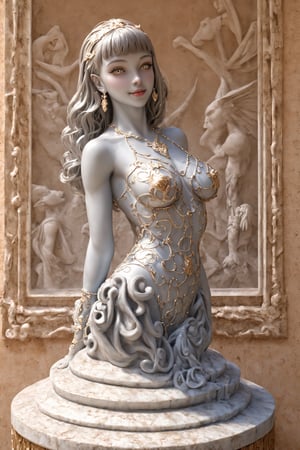 Demonic female face, gargoyle, golden and white porcelain woman, light gray and light gold style, intricate carving, realistic and highly detailed statue, cinematic lighting,glass shiny style,patina metal skin