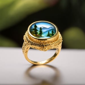 magic Ring,beautiful golden ring,
A stunning ring adorned with an exquisite gem,within the mesmerizing depths of the gem, a fantastical forest range unfolds, casting an ethereal allure, intricate details of the ring and the miniature landscape within the gem create a captivating piece that seamlessly blends elegance and imagination.