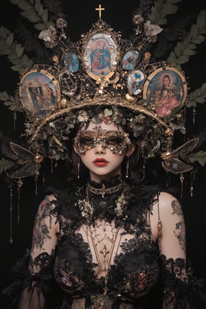 Highly detailed portrait of a woman wearing an extravagant, gothic-inspired headdress and jewelry,(blindfolded:1),
The headdress resembles a cathedral, with intricate stained glass windows depicting religious scenes,Elaborate metalwork frames the windows, with dangling chains and tassels. The headdress extends outwards like wings, adorned with more metalwork and jewels. A mask covers the upper half of the face, made of ornate gold filigree and studded with gemstones, leaving only the lips visible. Around the neck is a thick collar of black feathers. An ornate chest piece covers the upper body, featuring religious iconography, gemstones, and intricate beadwork,Multiple necklaces with crosses and pendants hang below. The overall style is a mix of gothic, religious, and steampunk aesthetics. Hyperrealistic, studio lighting, 8K resolution.,blindfolded flower,Made of adrr-zllj,dal,fantasy girl