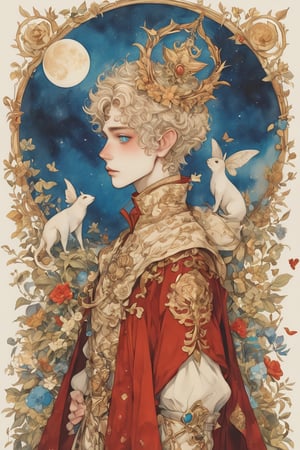 fairy tale illustrations,Simple minimum art, 
myths of another world,Crescent Moon,moon on face,
pagan style graffiti art, aesthetic, sepia,
Beautiful boy,A young prince from a fairytale, with golden curls and bright blue eyes. He wears a white and gold ornate uniform with a red cape. A delicate crown rests on his head. The prince stands in a sunlit castle garden, surrounded by blooming flowers and butterflies. His expression is kind and curious."
watercolor \(medium\),jewel pet,acidzlime,emo,XUER poster art,anime