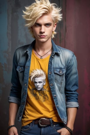  Australian male,(short blonde hair),Provocative expressions,
image of a rocker boy, His hair dyed in flashy blonde tones, is effortlessly styled, reflecting his vibrant personality and style,jeans and a vintage-style T-shirt,