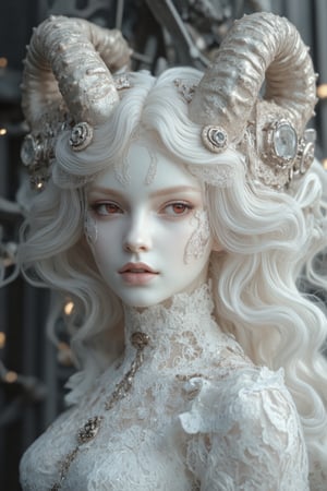 (long intricate horns:1.2) ,albino demon girl with enchantingly beautiful, alabaster skin, A benevolent smile,girl has Beautiful red eyes,soft expression,Depth and Dimension in the Pupils, white eyelashes, Her porcelain-like white skin reflects an almost celestial glow, highlighting her ethereal nature,Every detail of her divine lace costume is meticulously crafted, adorned with jewels that sparkle with a divine radiance, Capture the subtle intricacies of the lacework, emphasizing the delicate patterns that complement her unearthly features. From the curve of her horns to the flowing elegance of her dress, every aspect contributes to an aura of supernatural allure. The jewels, carefully placed, create a mesmerizing dance of light that enhances her divine presence, Consider the composition to portray her in a setting that complements her celestial beauty, whether it's a moonlit garden or a mystical realm, Illuminate the scene with soft, enchanting light to accentuate the magical and mysterious atmosphere,The overall goal is to evoke a sense of wonder and captivation, celebrating the unique and transcendent beauty of this albino demon gir,watercolor \(medium\),PorcelainDollPrincess