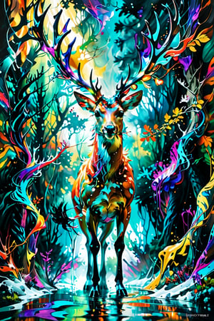abstract painting Entanglement art,
Crazy colors, awakening, mysterious deer, gigantic, shining antlers, metaphysical deer.,ColorART