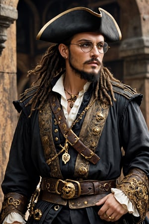 Ultra realistic,handsome young male pirate,black eyeliner, dirty coat, old-fashioned glasses, dark shades of Renaissance aristocratic dress, dirty cuffs, gun belt, knee-length boots, wearing intricately crafted ornaments and decorated with numerous gold ornaments, handsome man, goatee, pirate, Leonardo, Movie Still