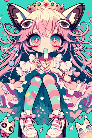 1girl ,vtuber anime character design,love＋peace＋ice cream,big Eyes,(Eyes that protrude from the contours of the face:1.3),(Extremely deformed eyes:1.4),
An over-the-top maximalist Vtuber character in hyper-decorative pink Lolita fashion. Her anime-style face features enormous, sparkling eyes in gradient pastel colors, framed by impossibly long eyelashes. Her multi-layered hair cascades in a riot of pastel pinks, purples, and blues, adorned with an excess of bows, flowers, and glittering accessories. She wears a frilly, cupcake-shaped dress in various shades of pink, covered in lace, ribbons, and ruffles. The dress is further embellished with candy motifs, stuffed animals, and miniature tea sets. Multiple petticoats peek out from beneath, each a different shade of pink. She sports striped stockings and platform shoes with heart-shaped buckles, Numerous bracelets, rings, and necklaces adorn her, along with a tiara and cat-ear headphones, background is a dizzying collage of pastel colors,anime style,anime girl,future0615