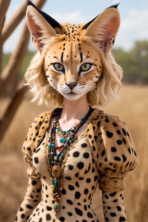  personified serval cat girl, embodying the grace, curiosity, and independence of her feline counterpart. With soft, spotted fur and expressive eyes, she captivates with her playful charm and alertness. Adorned in a whimsical ensemble inspired by the African savannah, she exudes a blend of wild beauty and human-like personality,catgirl