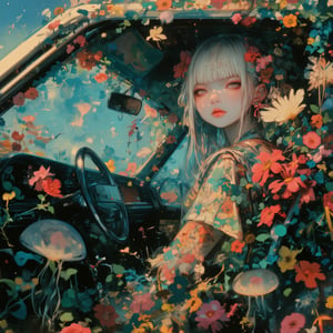 ((bokeh)),depth of field ,
(Nordic girl),Aesthetic photography, high gamma, depth of field, girl white hair,sitting in car filled withflowers,photo naturalistic poses, 
wearing Luminescent Clothing,
vacation dadcore, a coolexpression, body extensions, jellyfish in car,Jellyfish floating around,
analog film, super detail, dreamy lofiphotography, colourful, covered in flowers andvines, Inside view,FlowerStyle,r,hhc,interior,real_booster,aesthetic,Beautiful girl ,LuminescentCL,Jellyfish,Polaroidx,FluxPatt3rns