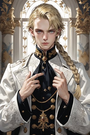 Extreme detailed,Realistic,solo,aesthetic art,
official art, extremely detailed, Extreme Realistic,  Nordic beautiful teen boy,beautifully detailed eyes, detailed fine nose,((long blonde hair)),
((long braid hair:1.2)), detailed fingers,muscle body, wearing extremely detailed luxury male Prince Albert coat, high quality, beautiful high Detailed white short hair,boy,emo,