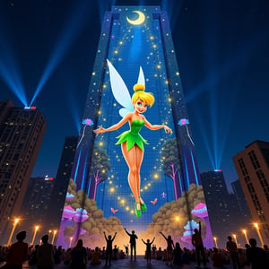 Colossal concrete skyscraper at night, its entire 100-story facade transformed by cutting-edge projection mapping. Animated Tinkerbell, 50 feet tall, pirouetting gracefully across the building's surface. Her gossamer wings span 30 feet, shimmering with iridescent blues and purples. Golden pixie dust trails behind her, creating intricate, swirling patterns that morph into blooming flowers and fluttering butterflies. Tinkerbell's blonde hair flows as she dances, her green dress sparkling.
The projected background shifts from an enchanted forest with towering trees and glowing mushrooms to an underwater scene with shimmering fish and coral. Twinkling stars and a crescent moon adorn the upper floors. Building's windows appear as firefly-lit lanterns or glowing fairy houses.
Ground-level spectators point up in awe, their faces illuminated by the display. Children on parents' shoulders reach out as if to catch falling pixie dust. High-powered projectors visible on nearby rooftops, beams of light cutting through the night air.
Surrounding city lights dimmed in comparison to the dazzling display. Occasional lens flares and light beams add photorealistic quality. Building's edges softened by the projection, creating an illusion of a magical floating structure in the urban landscape.,TinkerWaifu,blue eyes