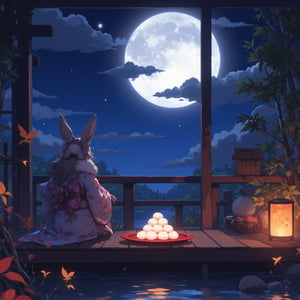 Serene night scene of Tsukimi (moon-viewing) celebration. Magnificent full moon surrounded by wispy oboro clouds in a starry sky. Traditional Japanese garden setting. A cute anthropomorphic rabbit in an elegant kimono with floral pattern, sitting on a wooden veranda. Rabbit gazing at the moon with wonder. Red lacquered tray holding white dango (rice dumplings) arranged in a pyramid. Softly glowing paper lantern nearby. Bamboo stalks and autumn flowers in foreground. Reflective pond surface capturing moonlight. Warm, gentle lighting emphasizing moon's glow. Dreamy atmosphere with subtle mist. Detailed, painterly style blending realism and fantasy. Rich, muted colors with emphasis on silver moonlight and kimono details.,lyh,anime,a woman