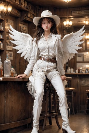  Western saloon,1 Girl,where a little girl dressed in a pure white cowboy costume sits on the counter. Her outfit includes a white cowboy hat, a tailored shirt, fringed jacket, and well-fitted trousers, all in pristine white. Polished boots and a classic belt with a silver buckle complete her look. Adding a touch of ethereal charm, she has pure white wings gracefully extending from her back,AngelStyle,wings,better photography,aesthetic portrait,dal-1
