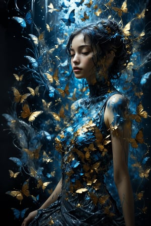entangled art,gold leaf drawing of woman's elegant silhouette,Her body is composed of multicolored butterflies that dance around her, creating a delicate and ethereal atmosphere. The butterflies vary in size and color, graffiti,BJ_Blue_butterfly,aesthetic,dripping paint,DonML1quidG0ldXL 