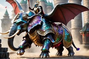  fantasy-themed spectacle unfolds as a colossal war elephant dons a majestic suit of dragon scale armor. The imposing creature strides confidently with each step, its massive form enhanced by the gleaming and protective dragon scales.The dragon scale armor adorning the war elephant is a marvel of craftsmanship, intricately designed to fit the contours of the colossal beast. The scales, with their iridescent shimmer, provide both formidable defense and a breathtaking visual spectacle. The intricate patterns on the scales add an artistic touch, turning the armored war elephant into a living canvas of mythical elegance.,dragon armor,Animal Verse Ultrarealistic 