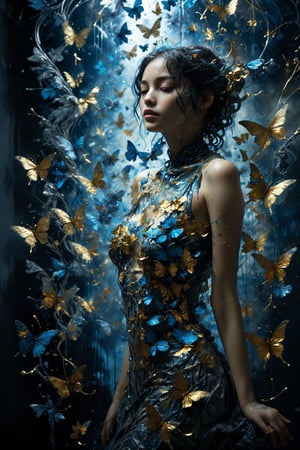 entangled art,gold leaf drawing of woman's elegant silhouette,Her body is composed of multicolored butterflies that dance around her, creating a delicate and ethereal atmosphere. The butterflies vary in size and color, graffiti,BJ_Blue_butterfly,aesthetic,dripping paint,DonML1quidG0ldXL 