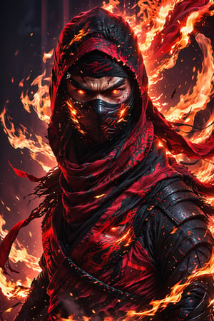 powerful painting,
1man,Ninja Slayer, the ninja who kills ninjas,((in fiery red attire)),((all red clothes:)),Eyes glowing red with vengeance. Elongated crimson scarf billowing dramatically,Lower face covered by facemask. Sleek, form-fitting ninja outfit with flame-like patterns,Dynamic action pose, Urban night backdrop, neon lights, Intense, focused expression visible in eyes. Hyper-detailed fabric textures. Blend of traditional ninja aesthetics with modern, edgy style