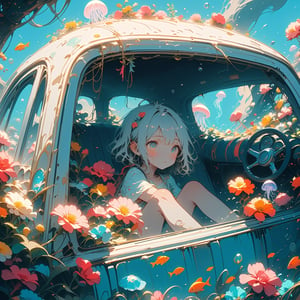 Simple minimum art, myths of another world,
pagan style graffiti art, aesthetic,
1boy, interior of an old car, many beautiful blooming flowers, the car covered with plant vines, the interior of the car, a boy sitting in the car, the car is sunk at the bottom of the sea, beautiful flowers and coral reefs, many jellyfish surround the boy, flower car, in car,anime,underwater,emo,dal-1,Deformed