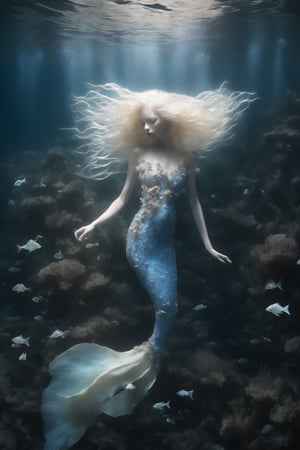 In the depths of the ocean, a delicate and ethereal albino mermaid glides gracefully through the azure waters. Her translucent fins shimmer with iridescence as she navigates through a forest of sea anemones, their vibrant tentacles swaying like blossoms in the gentle current. Despite her otherworldly beauty, there's a sense of melancholy about her, as if she's forever searching for something just beyond her reach in the endless expanse of the sea.