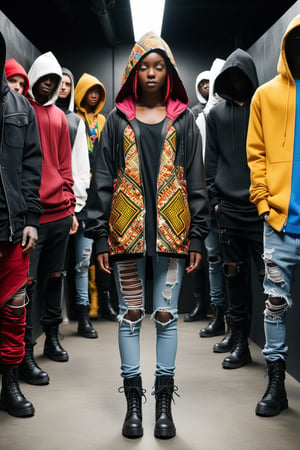 Visualize a black woman in African-inspired punk rock fashion, donning a hooded parka with the hood pulled low over her eyes. Her ensemble features vibrant African patterns and colors, reflecting her cultural heritage and rebellious spirit. Beneath the parka, she wears ripped jeans and combat boots, exuding edgy confidence. Despite her defiant fashion choices, she walks with pride and purpose, embracing her identity and effortlessly standing out in a crowd.,Hollow