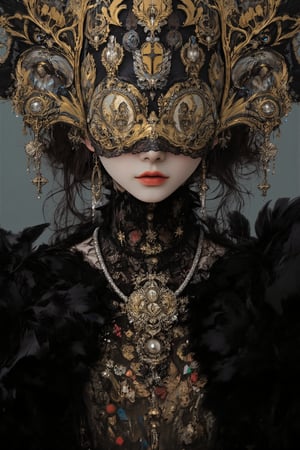 Highly detailed portrait of a woman wearing an extravagant, gothic-inspired headdress and jewelry,(blindfolded:1.2),
The headdress resembles a cathedral, with intricate stained glass windows depicting religious scenes,Elaborate metalwork frames the windows, with dangling chains and tassels. The headdress extends outwards like wings, adorned with more metalwork and jewels. A mask covers the upper half of the face and eyes, made of ornate gold filigree and studded with gemstones, leaving only the lips visible. Around the neck is a thick collar of black feathers. An ornate chest piece covers the upper body, featuring religious iconography, gemstones, and intricate beadwork,Multiple necklaces with crosses and pendants hang below. The overall style is a mix of gothic, religious, and steampunk aesthetics. Hyperrealistic, studio lighting, 8K resolution.,blindfolded flower,Made of adrr-zllj,dal