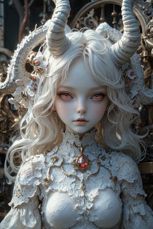 (long intricate horns:1.2) ,albino demon girl with enchantingly beautiful, alabaster skin, A benevolent smile,girl has Beautiful red eyes,soft expression,Depth and Dimension in the Pupils, white eyelashes, Her porcelain-like white skin reflects an almost celestial glow, highlighting her ethereal nature,Every detail of her divine lace costume is meticulously crafted, adorned with jewels that sparkle with a divine radiance, Capture the subtle intricacies of the lacework, emphasizing the delicate patterns that complement her unearthly features. From the curve of her horns to the flowing elegance of her dress, every aspect contributes to an aura of supernatural allure. The jewels, carefully placed, create a mesmerizing dance of light that enhances her divine presence, Consider the composition to portray her in a setting that complements her celestial beauty, whether it's a moonlit garden or a mystical realm, Illuminate the scene with soft, enchanting light to accentuate the magical and mysterious atmosphere,The overall goal is to evoke a sense of wonder and captivation, celebrating the unique and transcendent beauty of this albino demon gir,watercolor \(medium\),PorcelainDollPrincess,REALNIME