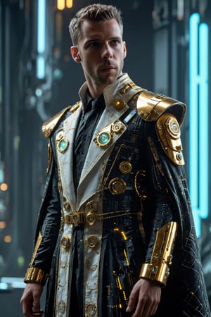  young priest, adorned in a stunningly luxurious robe, blending white and gold with elements of cyberpunk style. His robe, crafted from opulent fabrics, shimmers with metallic accents and intricate patterns that evoke a sense of grandeur and elegance. The traditional priestly attire is reimagined with futuristic elements, such as glowing LED trim and sleek metallic accessories. His cyberpunk-inspired collar and cuffs add a modern twist to the classic garment, while ornate cybernetic symbols adorn his vestments, hinting at a connection to the digital realm,circuitboard