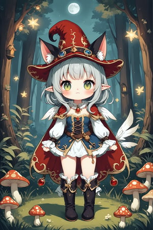 Cute fairy cat,Adorable Cait Sith fairy, dressed as Early Modern European musketeer, feline features with mystical aura, large expressive eyes, whiskers, pointed ears, wearing plumed cavalier hat, ornate doublet with lace collar, cape, breeches, and tall boots,magical sparks around paws, forest glade background with mushroom circles, misty atmosphere, moonlit scene, detailed fur textures, blend of photorealism and whimsical fantasy style,dal-6 style,nanachi,emo