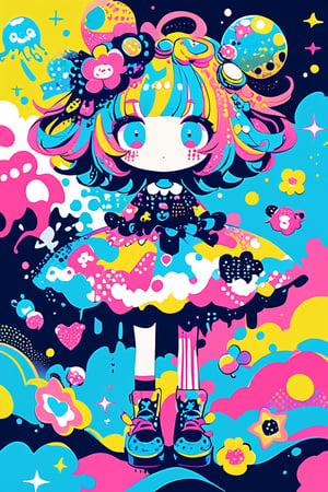 children's doodle style,
Colorful pop art, candy pop, lollipop punk, brightly colored berry beans, emo pink lolita girl,big Eyes,A dress made of jelly and ice cream,
 maximalism designemo,dal-6 style,Color Splash