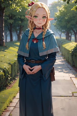 masterpiece,best quality,highres,ultra-detailed,marcille donato,elf,pointy ears,long hair,twin braids,hair ribbon,red choker,blue capelet,robe,long dress,blue dress,long sleeves,red ribbon,belt,wide sleeves,skirt,pants,pants under skirt,,outdoors,cowboy shot,smile,standing,sandals