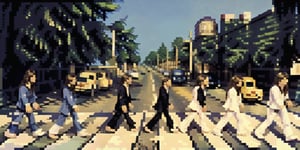 pixel art ､Retro dot game style､(4 male1.2),
(beatles abbey road jacket art:1.3)