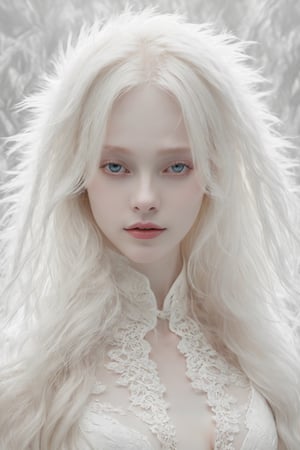 (best quality, 4k, 8k, highres, masterpiece:1.2), A creepy yet intriguing digital illustration portrait of a albino pale young girl, pure white hair,
psychedelic long hair, She wears a seductive white lace outfit with white fur accents, embodying the essence of allure and sensuality, ,valent_1314