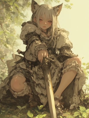 a beautiful young woman in a crouching pose, wearing an elegant brown and cream lolita dress with intricate frills and lace details. Her pure white hair falls gracefully around her delicate face. She holds a long sword planted firmly into the ground, both hands resting on its pommel. The dress features multiple layers with white ruffled underskirts, detailed trimming, and a cat-eared hood adorned with pearls. The sleeves are puffy with white fabric and detailed cuffs. She is positioned in a natural setting with soft sunlight filtering through foliage, creating a dreamy atmosphere. Her pose suggests both grace and strength, while her expression remains serene yet determined. The sword appears ceremonial yet battle-ready with detailed metalwork. Best quality, natural lighting, soft bokeh background, detailed fabric textures, photographic style, clear focus on the subject,fantasy girl