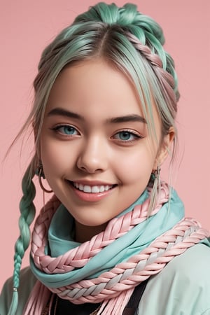 Realistic anime, young Scandinavian girl,smile, dressed in urban ninja fashion,pastel　candy colors,traditional pattern scarf,incredibly complex braided hair,wears a sleek and modern ensemble featuring pastel hues such as soft pinks, baby blues and mint greens,Her outfit combines elements of traditional ninja attire with contemporary streetwear,dal,TechStreetwear,photo_b00ster